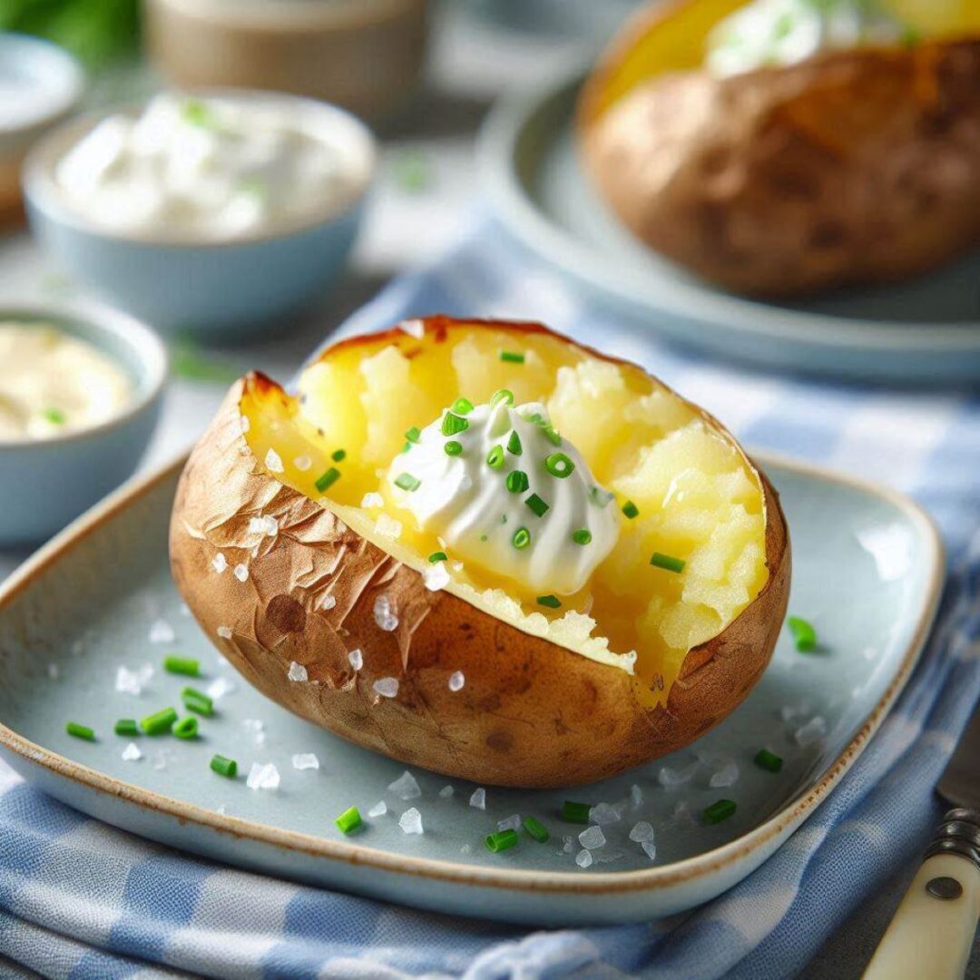 Baked potato with sea salt on skin and butter and sour cream toppings.