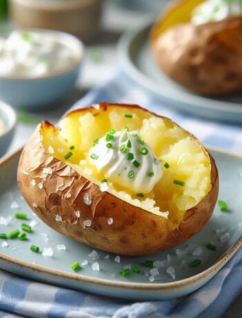 Baked potato with sea salt on skin and butter and sour cream toppings.