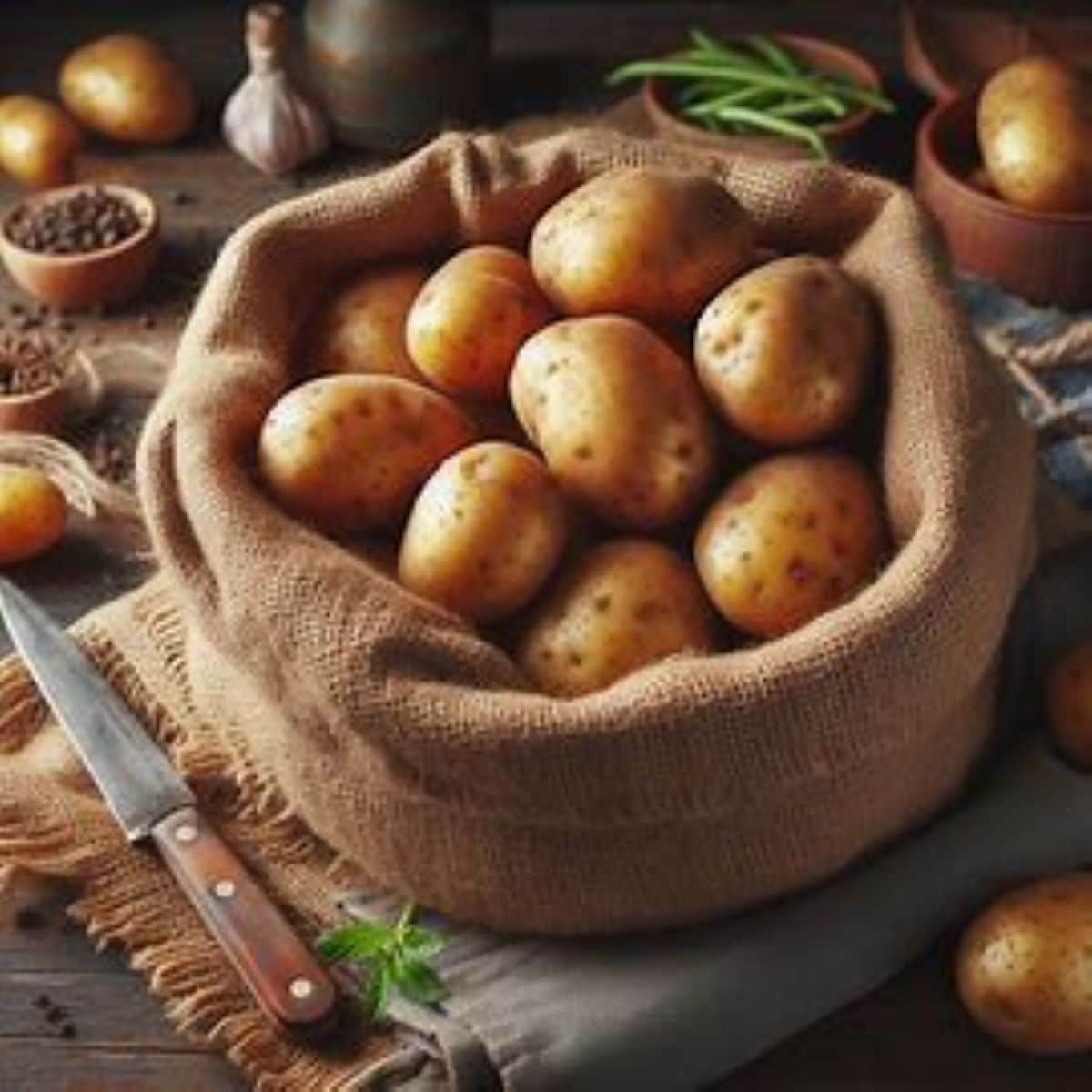 Russet potatoes in a burlap bag on a rustic table setting.