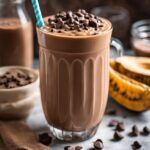 Chocolate peanut butter smoothie in a glass garnished with chocolate chips.