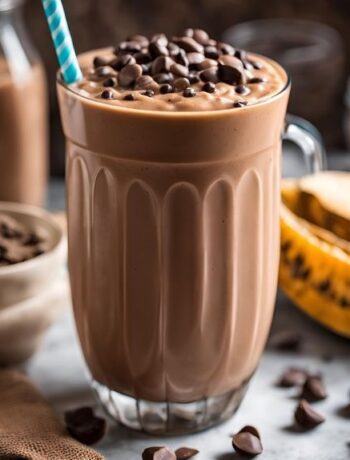 Chocolate peanut butter smoothie in a glass garnished with chocolate chips.