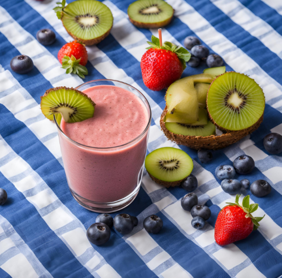 Fruit smoothie in a glass with kiwi, blueberries and strawberries surrounding it on a blue and white tablecloth.