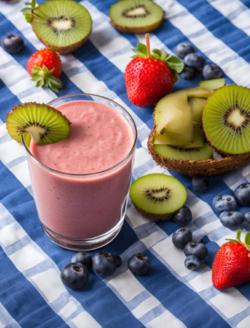 Fruit smoothie in a glass with kiwi, blueberries and strawberries surrounding it on a blue and white tablecloth.