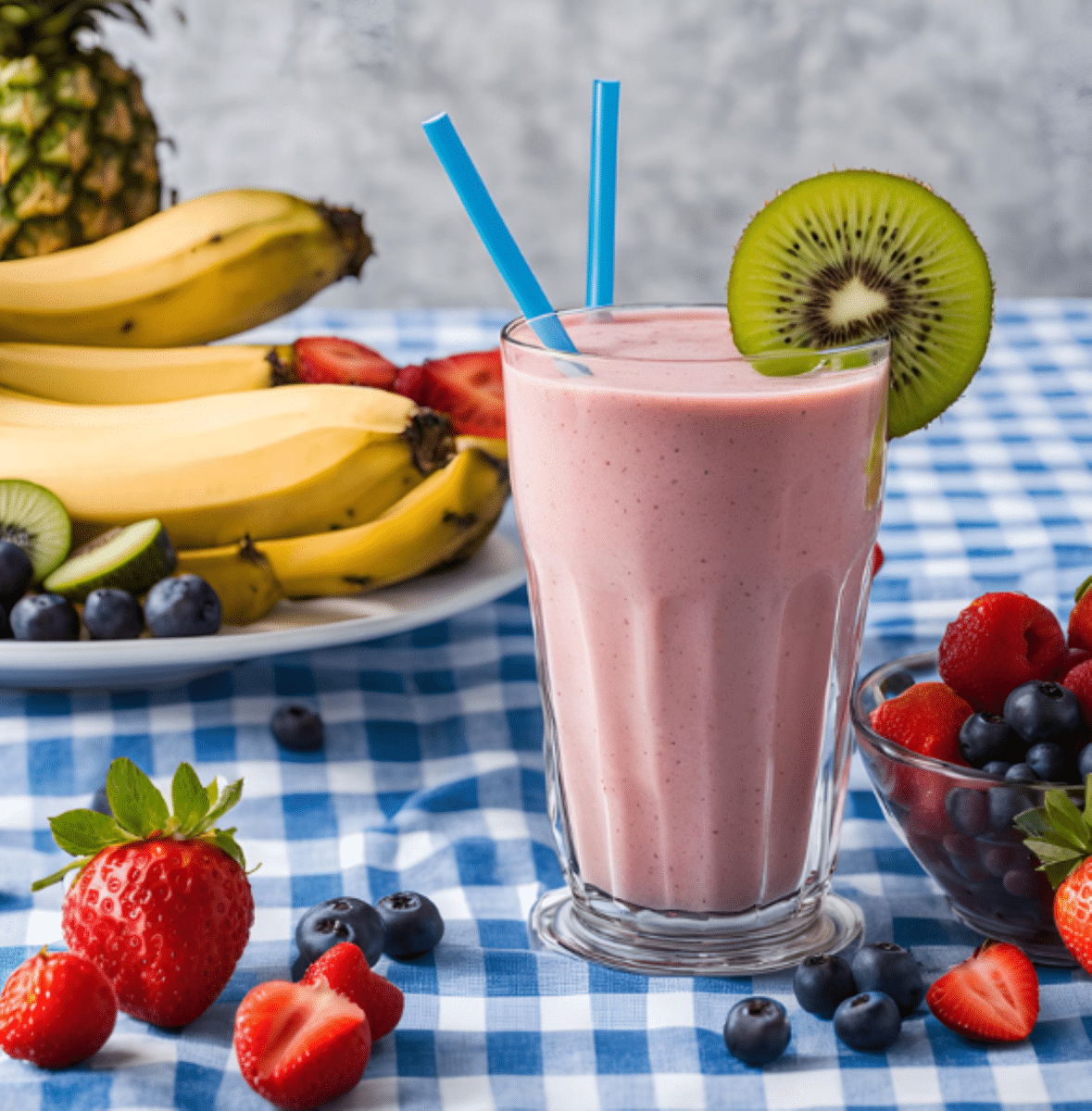 Fruit smoothie in a glass with a kiwi on glass edge surrounded by fresh berries and fruit.