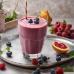 Frozen fruit smoothie in glass topped with blueberries.