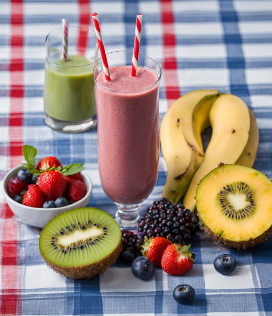 Fruit smoothies in glasses surrounded by fresh berries.