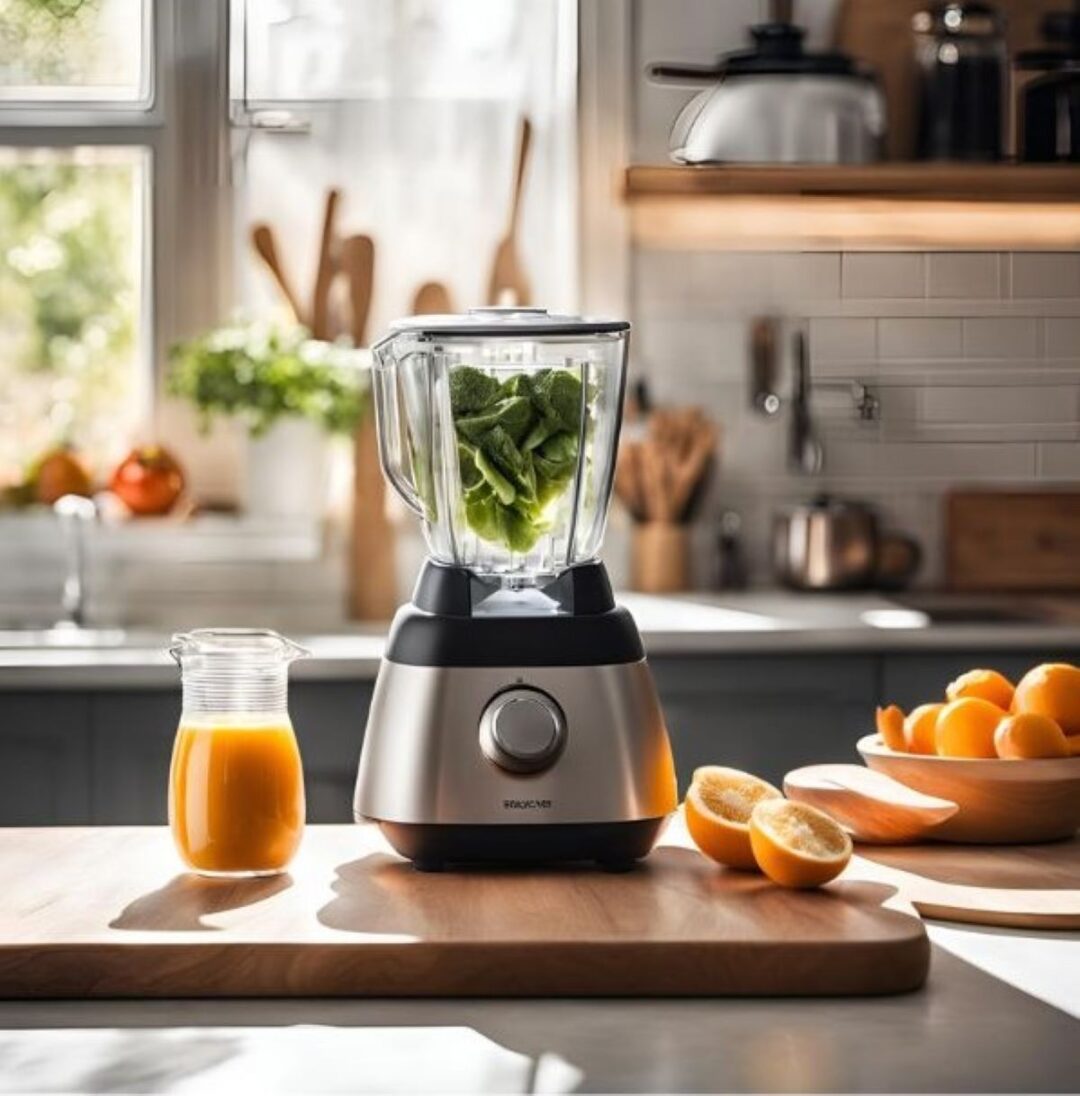 Blender with spinach in it with fruit and juice on counter.