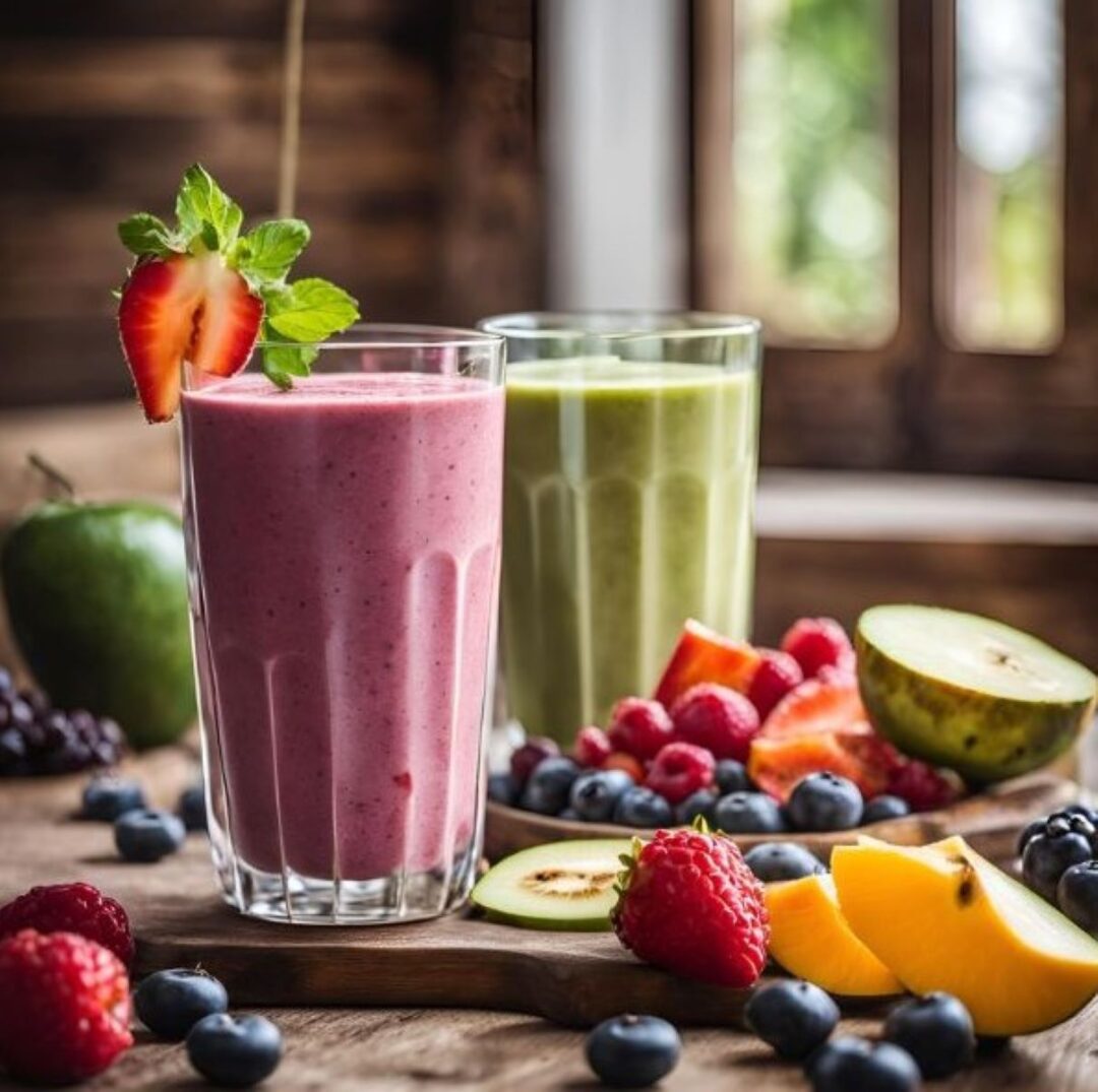 Smoothies in glasses with fruit on tray.