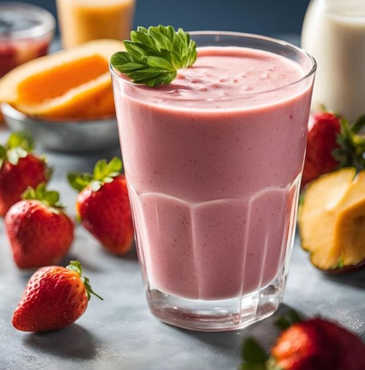 Strawberry smoothie in glass with fruits, vegetables and milk.