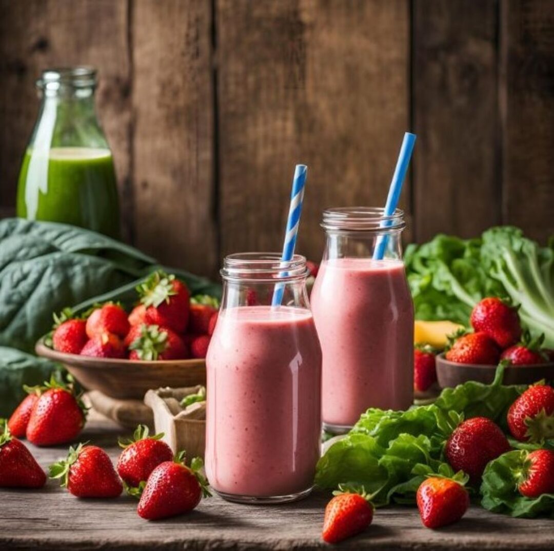 Two glasses of fruit smoothies surrounded by strawberries, spinach and vegetables.