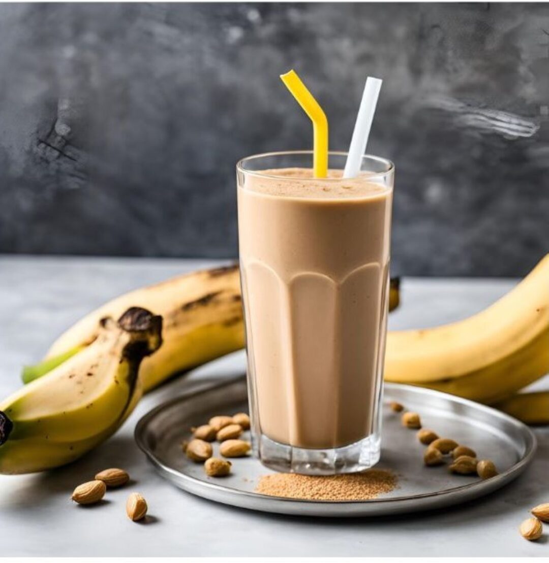 3 ingredient peanut butter smoothie in a glass with bananas and nuts on a tray.