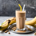 3 ingredient peanut butter smoothie in a glass with bananas and nuts on a tray.