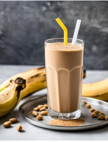 3 ingredient peanut butter smoothie in a glass with bananas and nuts on a tray.